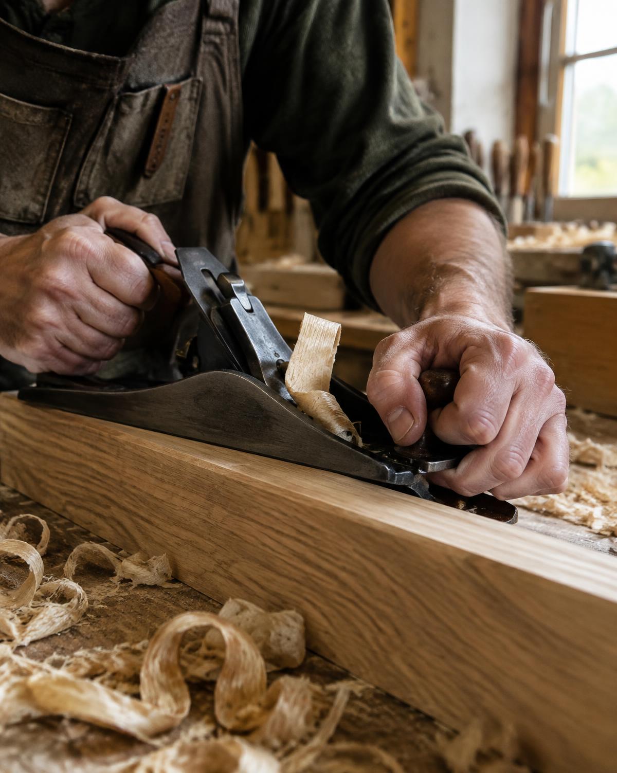 Hobeln von Eichenholz in der Werkstatt